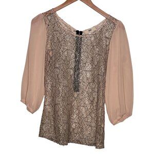 ISSI Medium Lace Top With Sheer Puff Sleeves  Back Zipper Neutral Beige & Black